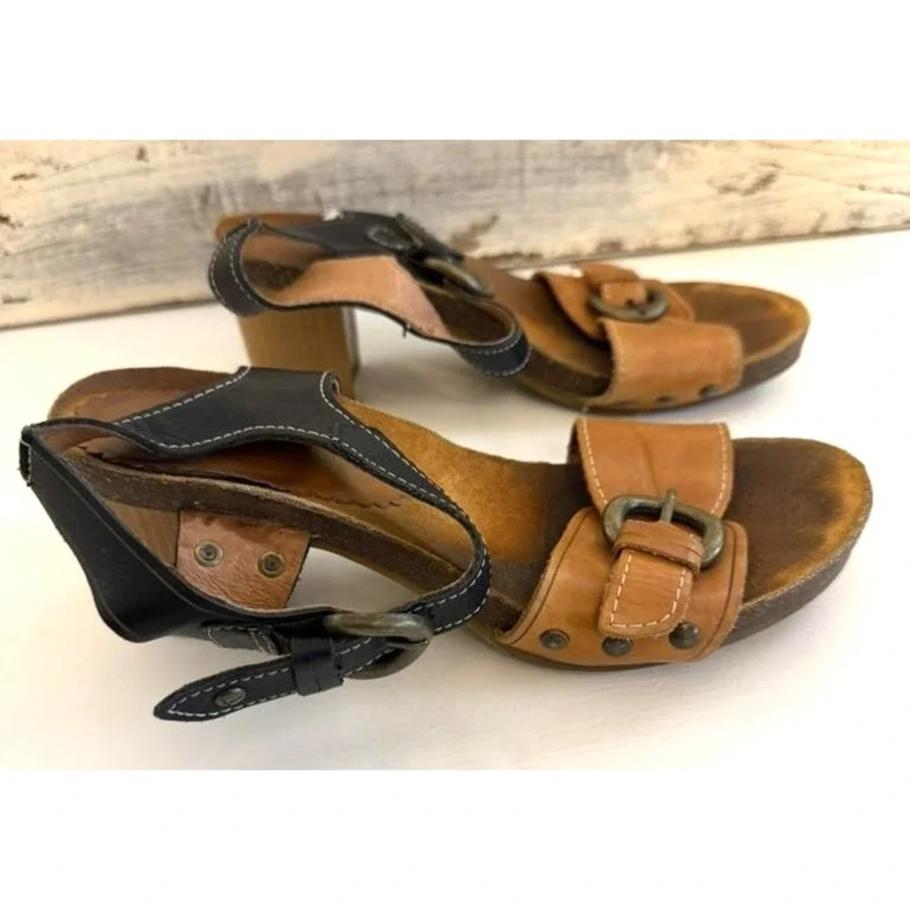Pikolinos Sandals Womens Tan Black Leather‎ Strappy Buckle Block Heel Shoes